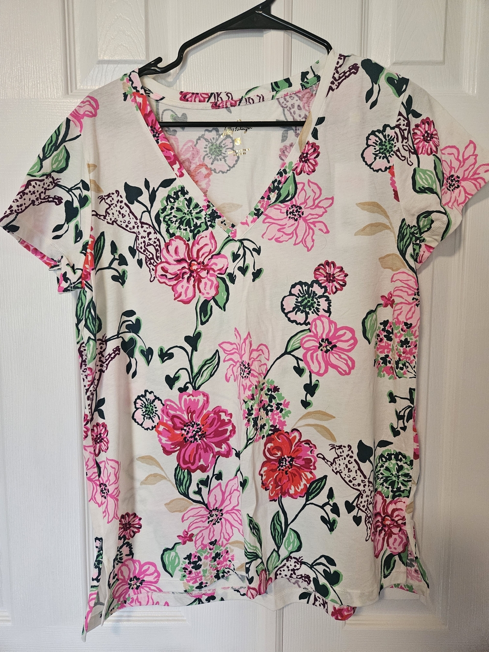 Lilly Pulitzer Pink & Green Floral V-Neck Short Sleeve Top